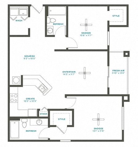 Floor plan for 2 beds, 2 baths, 1129 sqft