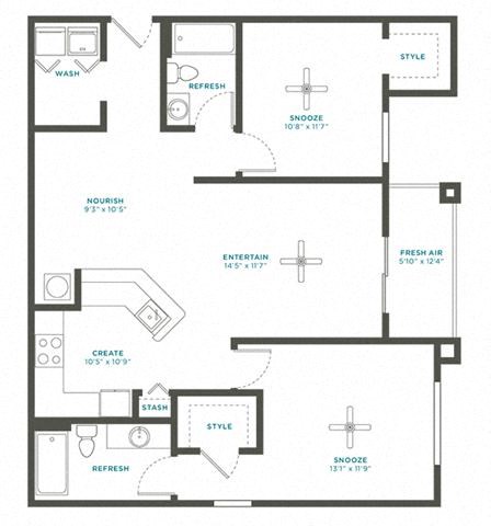 Floor plan for 2 beds, 2 baths, 1129 sqft