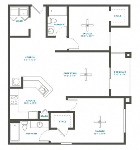 Floor plan for 2 beds, 2 baths, 1129 sqft