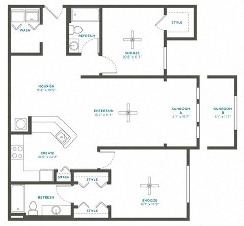 Floor plan for 2 beds, 2 baths, 1198 sqft