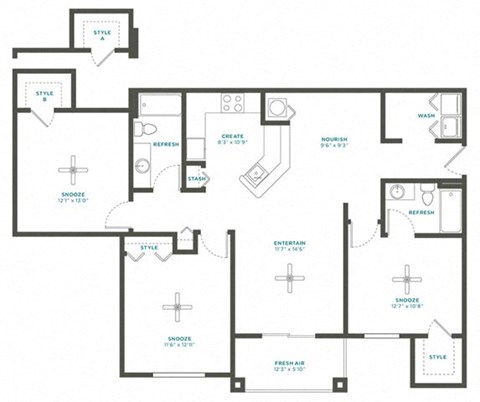 Floor plan for 3 beds, 2 baths, 1332 sqft