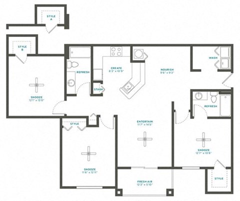 Floor plan for 3 beds, 2 baths, 1332 sqft
