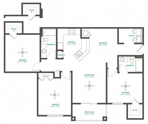 Floor plan for 3 beds, 2 baths, 1332 sqft