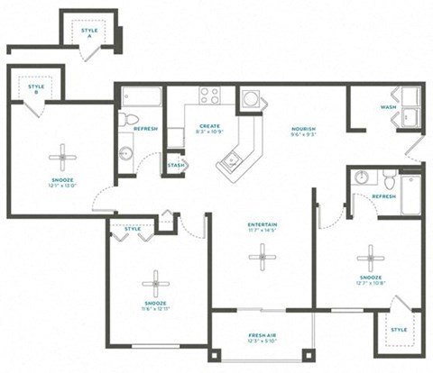 Floor plan for 3 beds, 2 baths, 1332 sqft