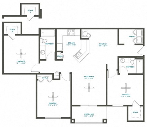Floor plan for 3 beds, 2 baths, 1332 sqft