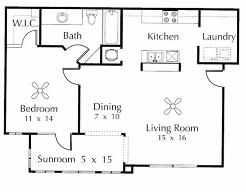 Floor plan for 1 bed, 1 bath, 855 sqft