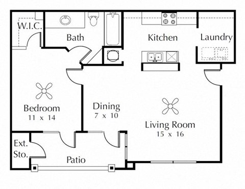 Floor plan for 1 bed, 1 bath, 878 sqft