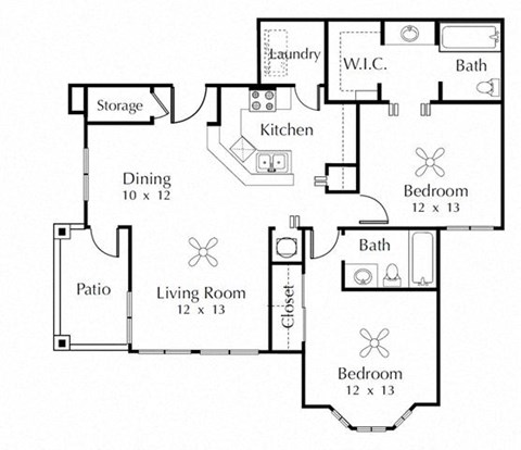 Floor plan for 2 beds, 2 baths, 1165 sqft