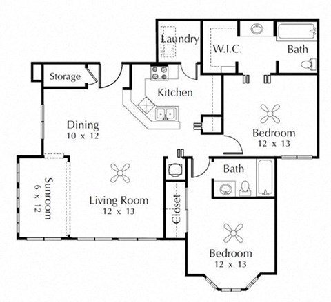 Floor plan for 2 beds, 2 baths, 1165 sqft