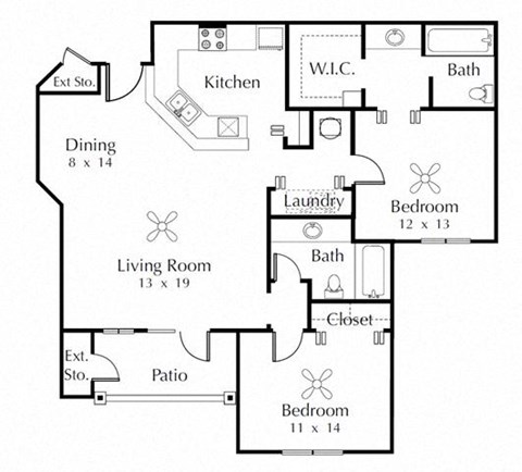 Floor plan for 2 beds, 2 baths, 1248 sqft