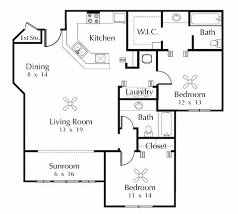 Floor plan for 2 beds, 2 baths, 1248 sqft