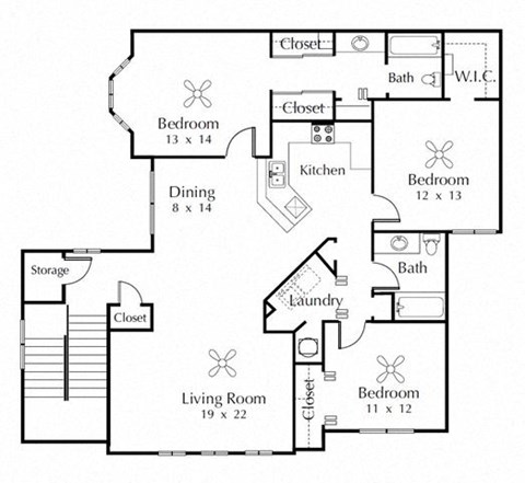 Floor plan for 3 beds, 2 baths, 1585 sqft