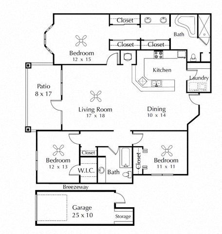 Floor plan for 3 beds, 2 baths, 1623 sqft