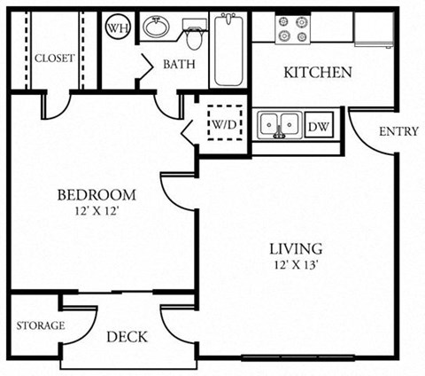 Floor plan for 1 bed, 1 bath, 595 sqft