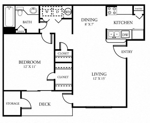Floor plan for 1 bed, 1 bath, 766 sqft