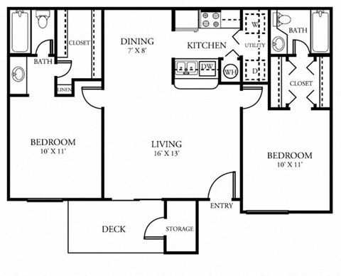 Floor plan for 2 beds, 2 baths, 986 sqft