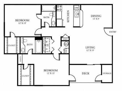 Floor plan for 2 beds, 2 baths, 1138 sqft