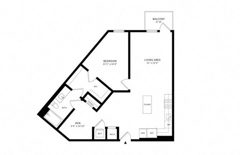Floor plan for 1 bed, 1 bath, 938 sqft