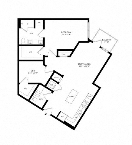 Floor plan for 1 bed, 1 bath, 1026 sqft
