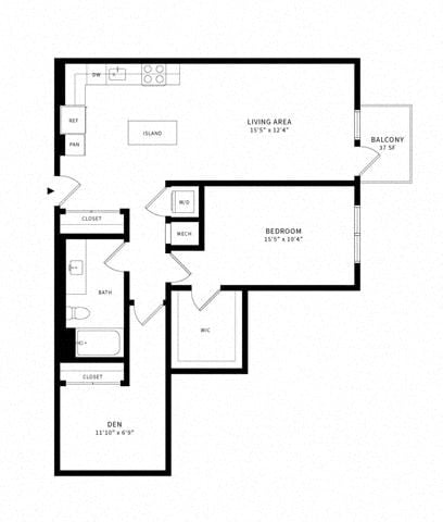 Floor plan for 1 bed, 1 bath, 1037 sqft