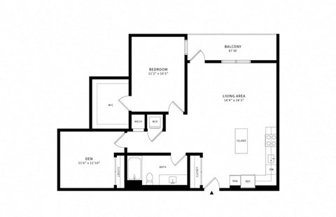 Floor plan for 1 bed, 1 bath, 1123 sqft