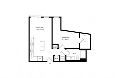 Floor plan for 1 bed, 1 bath, 742 sqft