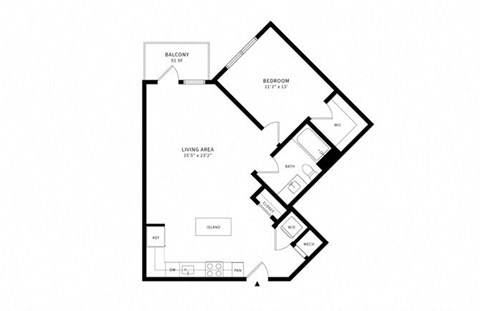 Floor plan for 1 bed, 1 bath, 807 sqft