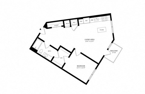 Floor plan for 1 bed, 1 bath, 817 sqft