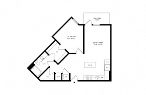 Floor plan for 1 bed, 1 bath, 842 sqft
