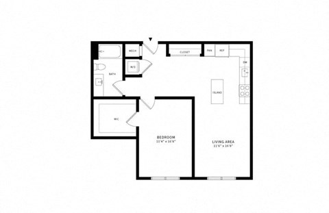 Floor plan for 1 bed, 1 bath, 887 sqft