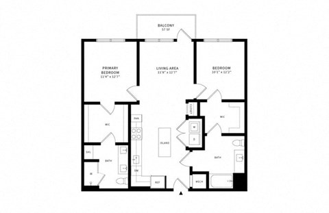 Floor plan for 2 beds, 2 baths, 1071 sqft