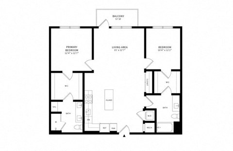 Floor plan for 2 beds, 2 baths, 1213 sqft