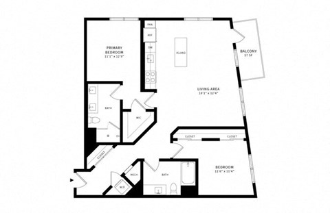 Floor plan for 2 beds, 2 baths, 1264 sqft