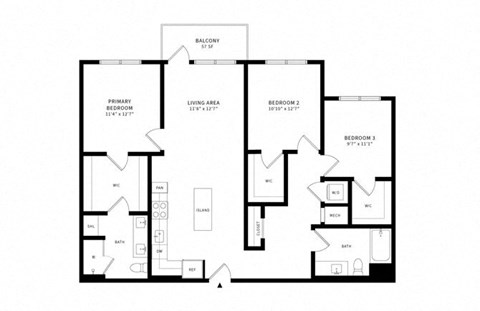 Floor plan for 3 beds, 2 baths, 1346 sqft
