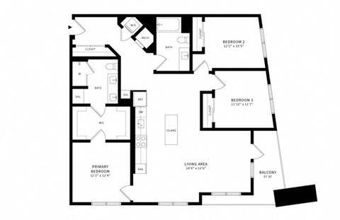 Floor plan for 3 beds, 2 baths, 1453 sqft