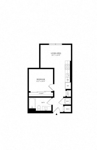Floor plan for 1 bed, 1 bath, 569 sqft