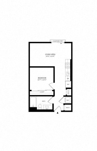 Floor plan for 1 bed, 1 bath, 614 sqft