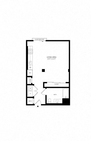 Floor plan for studio, 1 bath, 677 sqft
