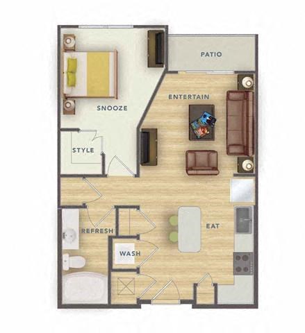 Floor plan for 1 bed, 1 bath, 627 sqft