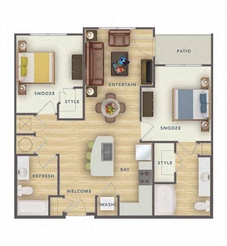 Floor plan for 2 beds, 2 baths, 932 sqft