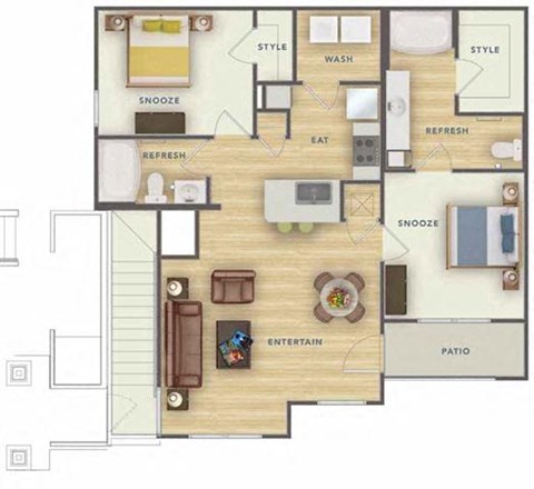 Floor plan for 2 beds, 2 baths, 1028 sqft
