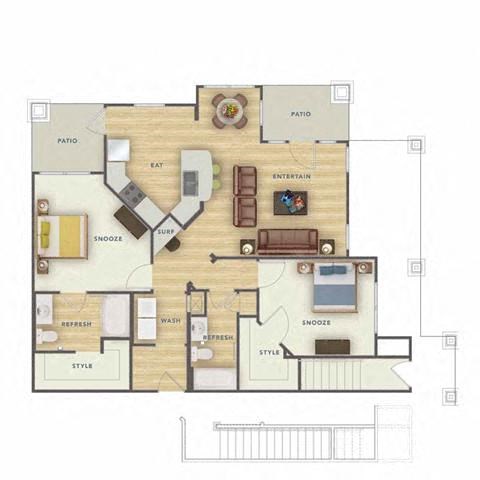 Floor plan for 2 beds, 2 baths, 1263 sqft