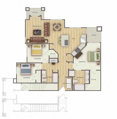 Floor plan for 3 beds, 2 baths, 1340 sqft
