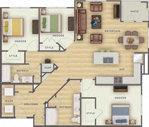 Floor plan for 3 beds, 2 baths, 1439 sqft