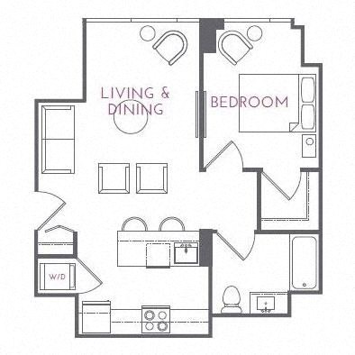 Floor plan for 1 bed, 1 bath, 729 sqft
