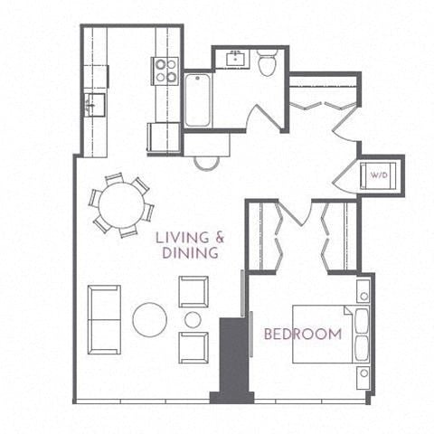 Floor plan for 1 bed, 1 bath, 869 sqft