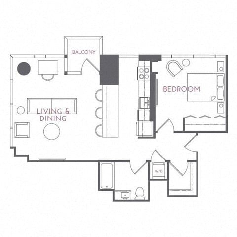 Floor plan for 1 bed, 1 bath, 879 sqft