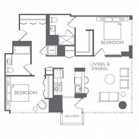 Floor plan for 2 beds, 2 baths, 1107 sqft