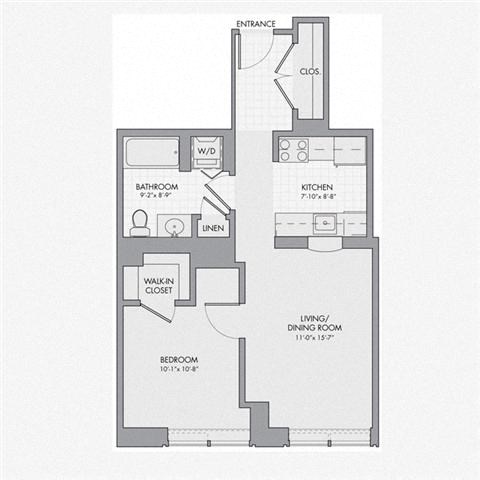 Floor plan for 1 bed, 1 bath, 656 sqft
