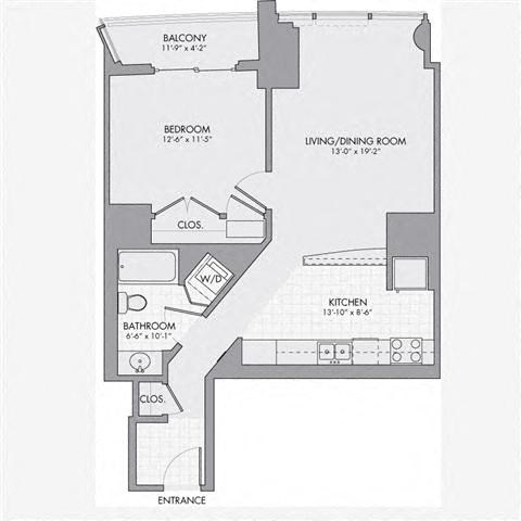 Floor plan for 1 bed, 1 bath, 760 sqft